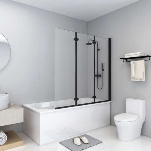 Divisória de chuveiro dobrável 3 painéis esg 130x138 cm preto