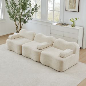 Sofá modular 3 lugares em veludo bege com assento profundo