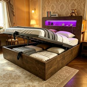Cama com arrumação 140x200cm elevável LED tomadas madeira madeira