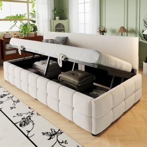 Sofá-cama 90x200cm com baú hidráulico, encosto sem braços, bege
