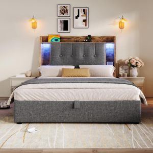 Sofa cama estofado 90x200cm com carregador usb-c e luz LED cinza
