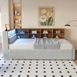 Canapé-lit gigogne 90x200cm extensível com arrumação cinza claro