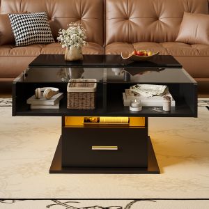 Mesa de centro brilhante, LED + altura ajustável.