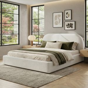 Cama de casal 180x200cm com estrado estofada bouclé bege