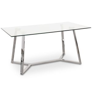 Mesa de jantar com tampo de vidro e pés de aço polido.
