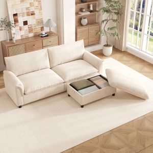 Sofá de canto modular em chenille bege com pufe movível e arrumação