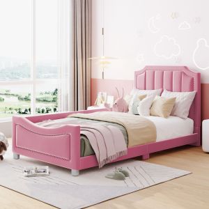 Cama estofada 90x200cm com encosto e braços flanela rosa