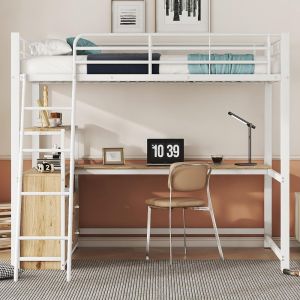 Cama alta com secretária em l, 4 gavetas, 140x200cm, cor branca