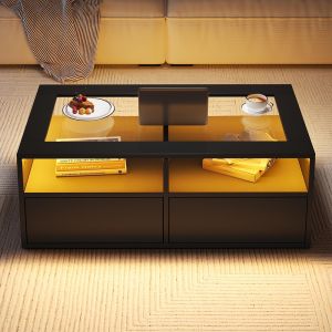 Mesa de centro, vidro, dois níveis, preta