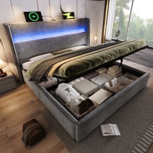 Cama de casal 140x200cm com arrumação LED e usb linho cinzento