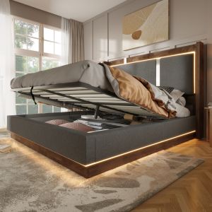 Cama de casal 180x200cm com arrumação e luz LED linho e madeira cinzento