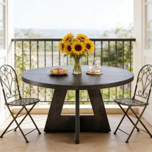 Mesa de jantar redonda estilo casa de campo preta 120cm