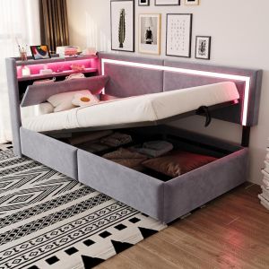 Cama com arrumação hidráulica LED usb 90x200cm cinzento escuro