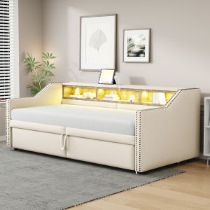 Sofá cama estofado 90/180x200cm extensível arrumação LED usb linho bege