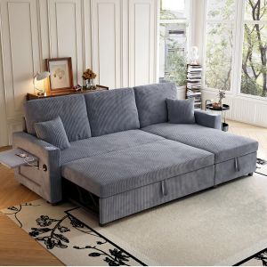 Sofá cama modular em l em veludo cotelê cinzento com arrumação e usb