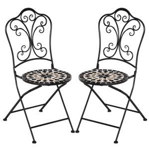 Conjunto 2 cadeiras dobráveis metal e cerâmica preto, branco e bege