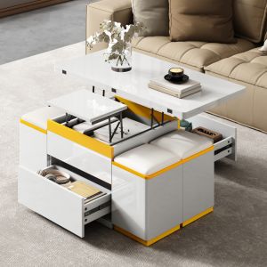 Mesa de centro elevatória com arrumação branco amarelo 43x100x50cm