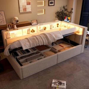 Cama de dia 90x200cm arrumação usb-c LED multicolor hidráulica beige