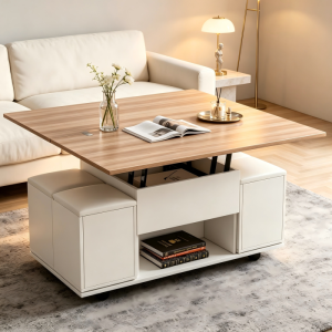 Mesa de centro elevatória com arrumação branco e natural 63,5x100x100cm