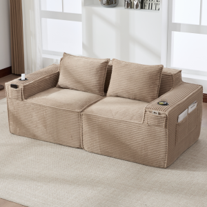 Sofá modular 2 lugares em bombazina cáqui com porta copos e bolsos