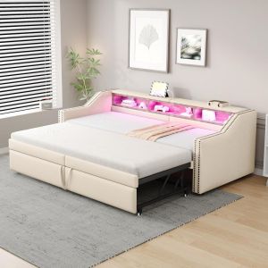 Sofá-cama ninho 90x200 cm, extensível a 180 cm, bege LED usb