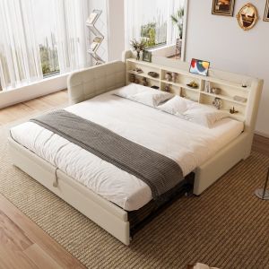Cama extensível 90x200cm com armazenamento linho – bege