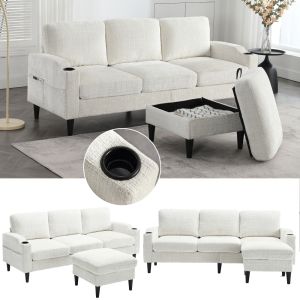 Sofá modular com otomana e arrumação em chenille bege 4 lugares