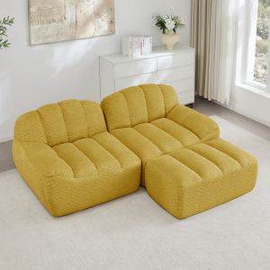 Sofá modular em l 2 lugares com otomana em fleece granulado amarelo