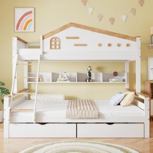 Beliche 90x200 e 140x200 madeira com 2 gavetas branco natural