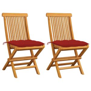 vidaXL sillas de jardín 2 uds madera maciza de teca con cojines rojos