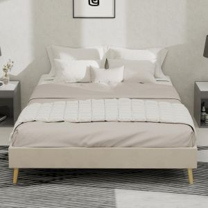 Cama 140x200cm com estrado baixo, estrutura de madeira robusta, bege