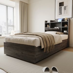 Cama hidráulica de madeira,90x200cm,cinza(sem colchão).