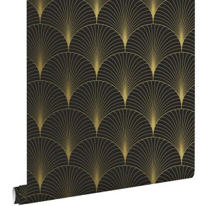 Estahome papel de parede motivo art deco pretoedourado 53 cm x 10.05 m