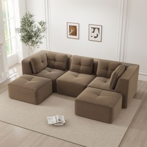 Sofá modular de canto em bombazina castanho 3 lugares com otomana