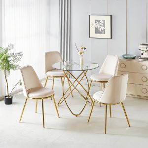 Conjunto mesa e cadeiras de jantar em veludo creme branco 5 peças