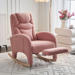 Cadeira de balanço reclinável em teddy rosa com apoio de braços 1 lugar