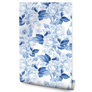 Papel de parede tecido para sala de estar roses flores folhas azul