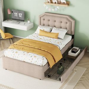 Cama estofada 90x200cm com duas gavetas linho e mdf – bege