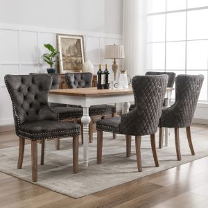 Conjunto de 6 cadeiras de jantar em veludo cinzento, encosto decorativo