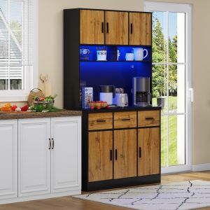 Armário buffet cozinha LED tomadas usb mdf preto natural 100x40x180cm