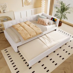 Cama divã 90x200 cm em bouclé branco com cama extensível usb e luz
