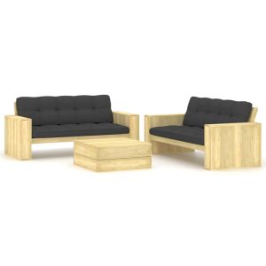 vidaXL set de sofás jardín 3 piezas con cojines madera pino impregnada