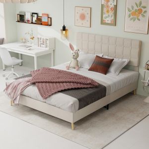 Cama 160x200cm com pés de madeira, sem colchão, cor bege moderna