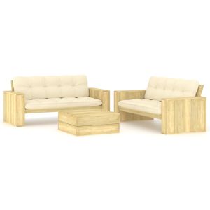vidaXL set de sofás jardín 3 piezas con cojines madera pino impregnada