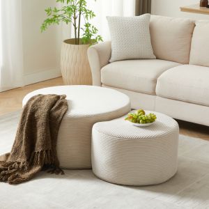 Conjunto de mesa de centro pufe redondo tecido bege 28x84x28cm