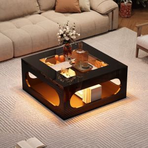 Mesa de centro quadrada com iluminação e vidro temperado preto 35x70x70cm