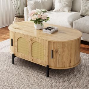 Mesa de centro oval com rattan e arrumação natural 40x100x50cm