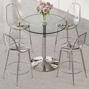 Conjunto mesa alta 4 bancos em vidro e metal transparente prateado