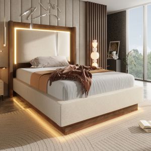 Cama estofada 90x200cm com arrumação LED linho – bege
