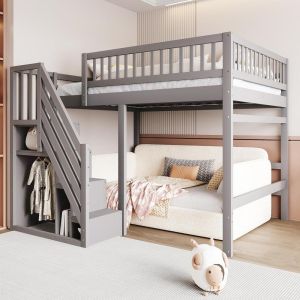Cama alta 140x200 em madeira com escada de arrumação cinza